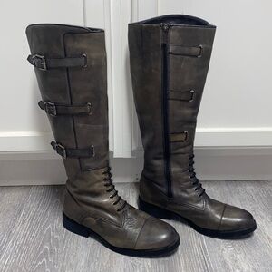 Vince Camuto Fenton Russet Two Tone Gray Leather Knee-High Buckle Riding Boots